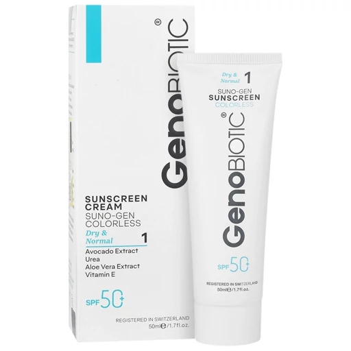 Cream-Sunscreen dry &normal genobiotic/webp1 کرم ضد آفتاب پوست خشک و معمولی بی رنگ SPF50 ژنوبایوتیک 50 میلی لیتر - Image 1